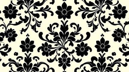 An elegant seamless pattern of stylized floral arabesques, created in a vector art style with a monochromatic palette of deep, velvety black on an ivory background, arranged in a dense.