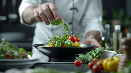 Fresh herbs and tomatoes are artfully arranged in black bowl by chef