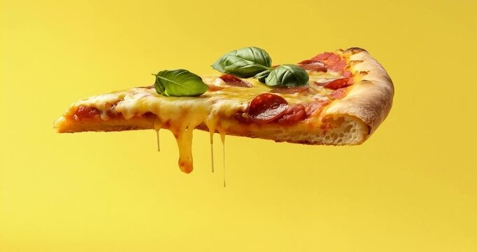 Pizza with melting cheese floating in the air, representing fast food perfection and the joy of snacking on bite-sized treats.