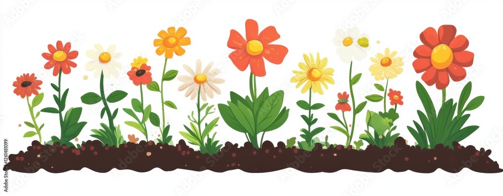Aufkleber flowers growing in rows, isolated on a white background with well-defined borders and colorful daisi