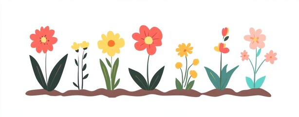 Colorful spring flowers growing in a row, isolated on a white background Generative AI