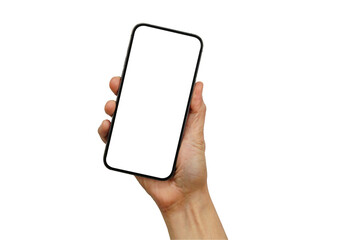 Asian woman holding smartphone in hand with blank screen isolated on white background with clipping path.