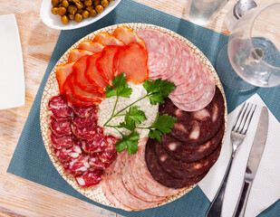 Appetizing cold cuts from Spanish ham, spicy dry-cured sausages and bacon on white plate