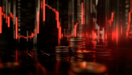 Financial Crisis, declining stock market, coins, red charts