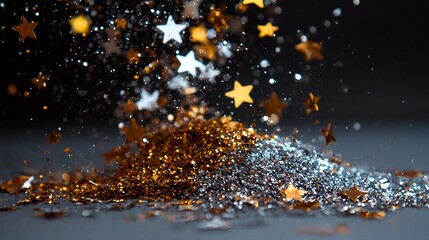 Golden and Silver Stars Glittering Against a Dark Background with Bokeh Effect