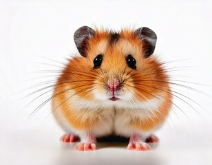 A hamster close up on a white backdrop.