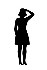 Fototapeta premium People silhouette. Monochrome black icon with young girl wearing cute dress holding her head. Rear view of pensive standing character. Flat vector illustration isolated on background