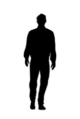 People silhouette. Monochrome black icon with man in full height. Rear view of standing character. Young guy in casual stylish clothes. Flat vector illustration isolated on background