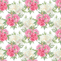 Watercolor seamless pattern with bouquet pink and white milk peony summer flower on white background. Floral plant with leaves. Art for florist or wedding invite celebration. Wallpaper or wrapping