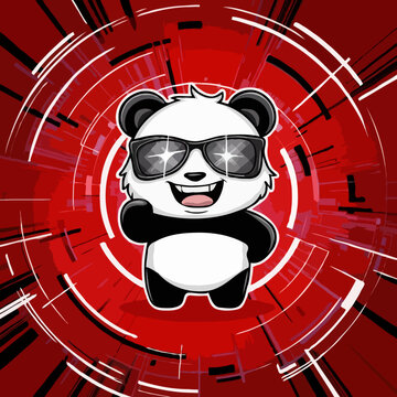 playful anime panda vector character, wearing sunglasses and a wide smile, stands against a vibrant red abstract background.