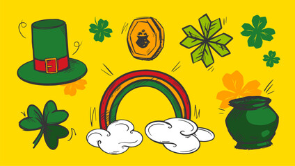 St. Patrick's Day vector art elements set. Funny hand drawn holiday sticker pack. Four leaf clover leaves, trefoil, Leprechaun treasure, rainbow, top hat, golden coin. Bright festive rough shape signs
