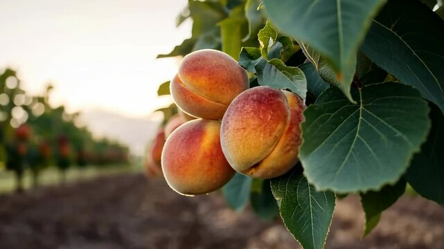 Fresh peaches and apricots hanging on tree branches in serene orchard of natures agriculture.