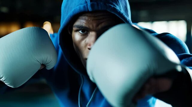 Muscular african american boxer wearing blue hoodie, gray boxing gloves executing aggressive punch sequence, displaying intense workout energy toward camera