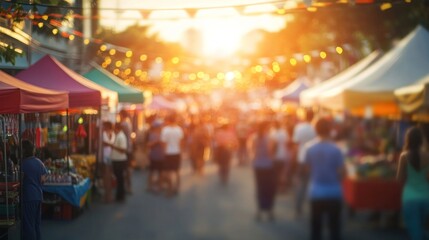 Sunset at the bustling night market, a vibrant scene of people shopping and enjoying the evening atmosphere.