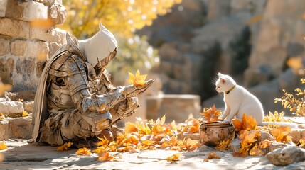 Autumnal Encounter Between a Knight in Armor and a Curious Cat Surrounded by Colorful Leaves