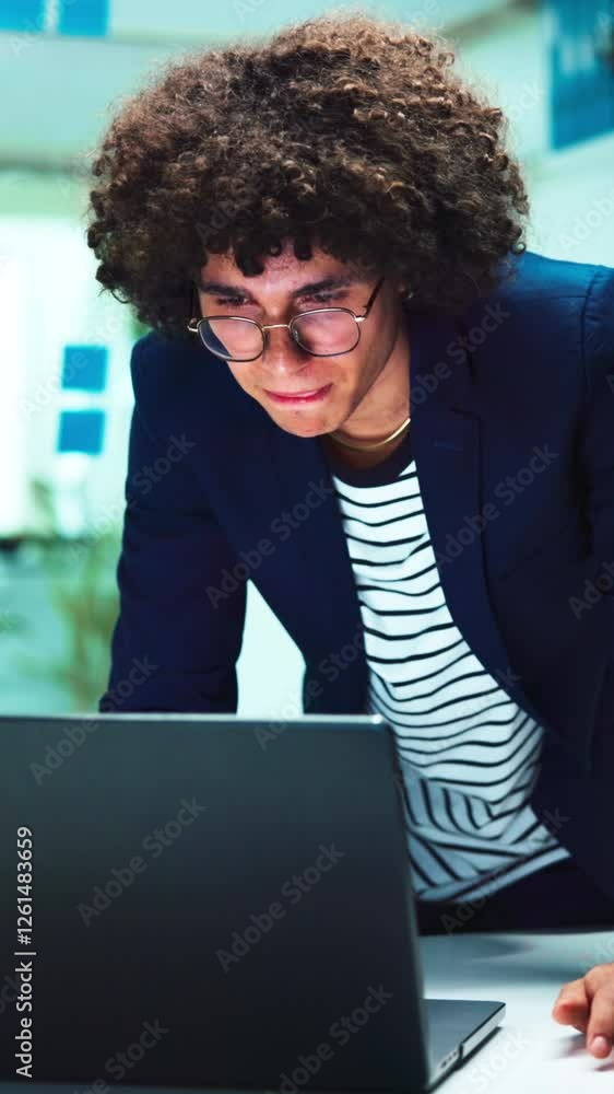 Poster laptop, research and man in office with network, data analysis and business intelligence ideas. grow