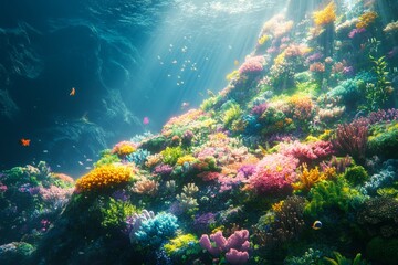 Obraz premium Vibrant coral reef, underwater scene, sunlight