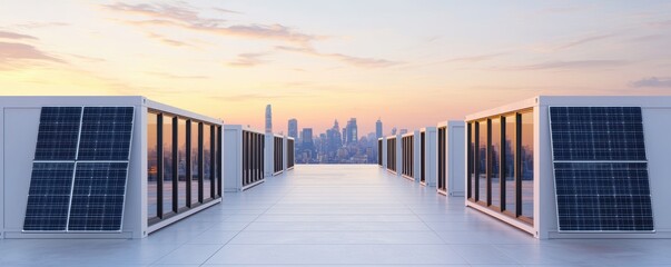 Rooftop Solar Panels at Sunset Over Urban City Skyline