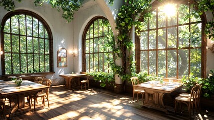 Fototapeta premium Bright and Airy Restaurant Interior with Large Windows and Greenery in Natural Light