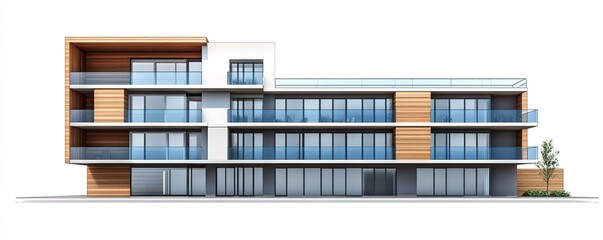 Modern Apartment Building Design: Glass Balconies and Wooden Accents,  Luxury Urban Living Spaces, Innovative Architectural Style