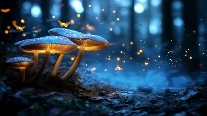 Mystical forest scene featuring luminescent mushrooms and floating fireflies casting soft, enchanting light across nocturnal woodland landscape - Powered by Adobe