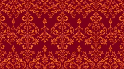Seamless pattern of ornate damask motifs, deep burgundy and gold accents, baroque style, intricate details, digitally painted, high resolution, rich texture, elegant design.