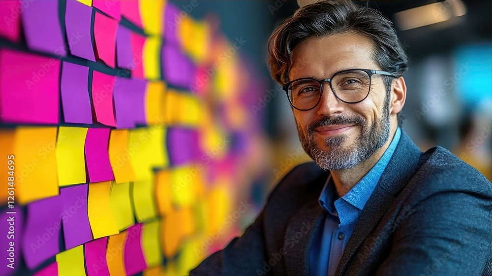 Poster professional man smiling in an office setting with colorful sticky notes on the wall