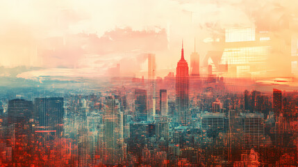 Double exposure of a sprawling cyberpunk city and glitchy digital elements, merging urban density with high-tech aesthetics. Chimeric Metropolises. Illustration