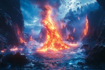 Fiery volcanic eruption, dark fantasy landscape