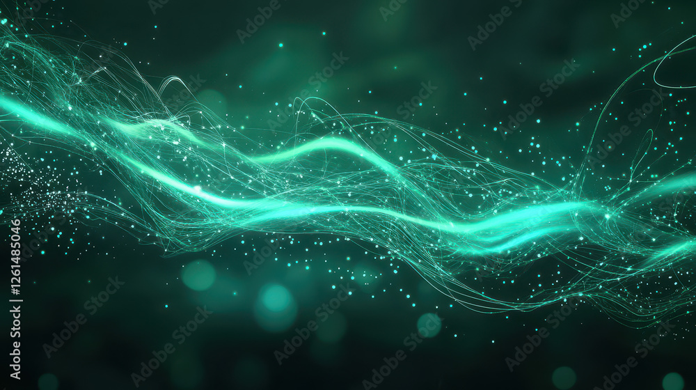Poster abstract background with glowing lines and dots in teal color on a dark green background