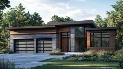 Fototapeta premium Modern House Design: Two-Car Garage, Stone Exterior, Large Windows, Landscaped Yard, Contemporary Style Home