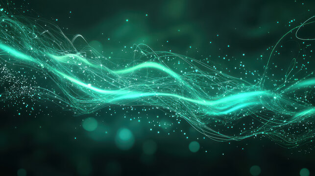 Abstract background with glowing lines and dots in teal color on a dark green background