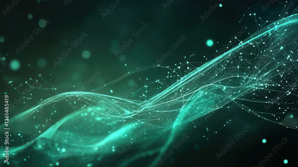 Poster abstract background with glowing lines and dots in teal color on a dark green background