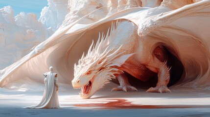 Majestic White Dragon Emerging from Cave with Enigmatic Figure in Ethereal Landscape
