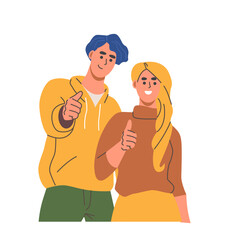 Obraz premium People pointing with finger. Smiling young man and woman showing thumbs up gesture and approving something. Happy teens indicate with hand. Cartoon flat vector illustration isolated on background
