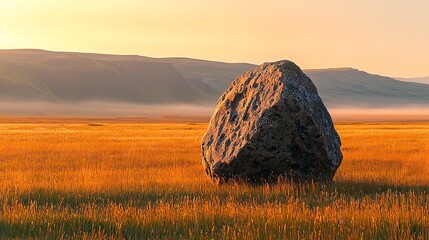 Large boulder in a golden field at sunrise.