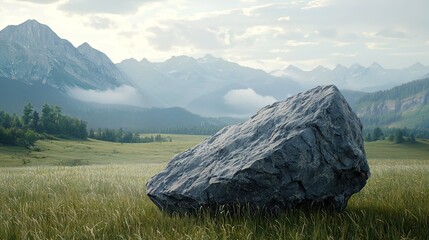 Large gray boulder in a grassy meadow at the foot of majestic mountains, tranquil and serene.