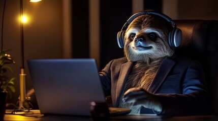 Sloth in business attire working on a laptop with headphones in a dimly lit modern office space