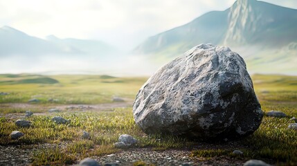 Large grey boulder sits amidst a grassy field in a mountainous landscape.