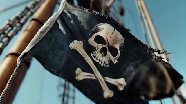 Tattered Jolly Roger flag waving dramatically beside wooden mast, embodying maritime defiance and seafaring spirit of historical pirate culture
