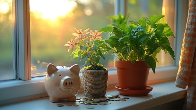 A piggy bank beside a thriving plant, with scattered coins symbolizing savings and financial growth. Soft, warm lighting adds a peaceful touch.