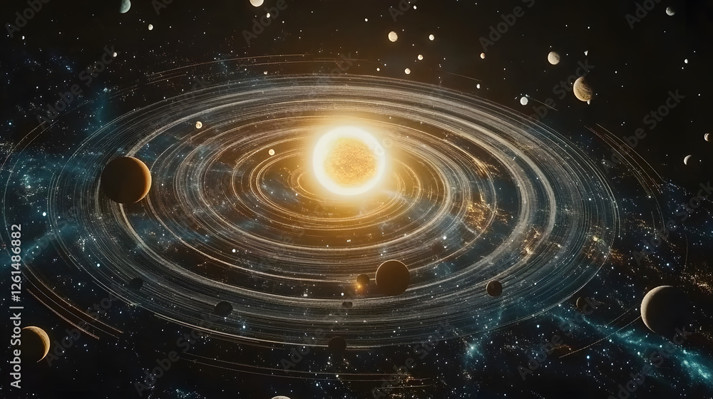 Poster stunning visualization of a planetary system. a bright star is orbited by multiple planets and celes
