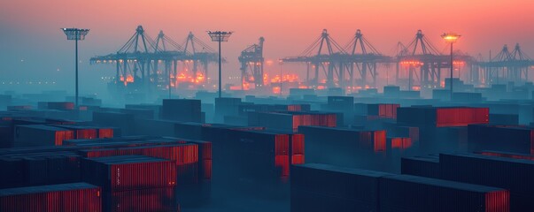 Obraz premium Industrial Port at Dusk with Containers and Cranes in Background