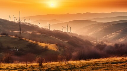 Wind turbines on a hillside at twilight