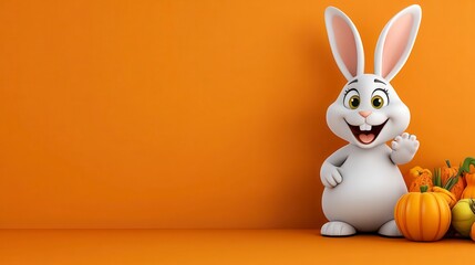 Fototapeta premium Cartoon White Rabbit with Pumpkins on Orange Background