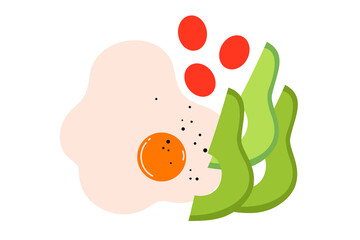 Minimalist illustration of fried egg with avocado and cherry tomatoes on white background. Modern flat design food vector. Clean breakfast concept art for menu, packaging, and food blogs