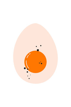 Minimalist vector illustration of a boiled egg cut in half on white background. Modern flat design food icon with orange yolk and speckled black pepper. Clean, simple artwork for post, article