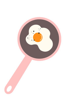 Minimalist illustration of a pink frying pan with sunny side up egg on white background. Modern flat design kitchen vector art with speckled details. Simple cooking concept for menu and food blogs