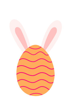 Fun yellow Easter egg with wavy pattern and cute bunny ears in minimal. Modern vector illustration perfect for holiday cards, children's designs, spring celebrations, and seasonal decorations 