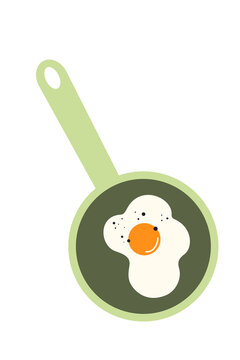 Minimalist illustration of a green frying pan with sunny side up egg on white background. Modern flat design kitchen vector art with speckled details. Simple cooking concept for menu and food blogs